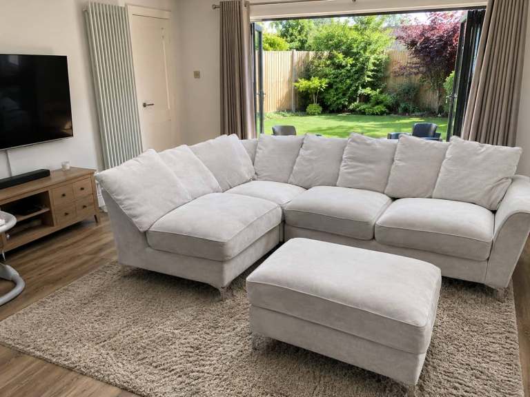 Large Light Grey Corner Sofa with Matching Footstool, Fabric