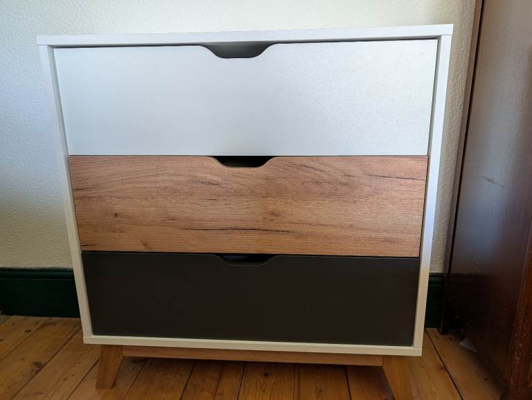 Scandi 3-Drawer Chest – White, Oak & Grey – Mid-Century Style