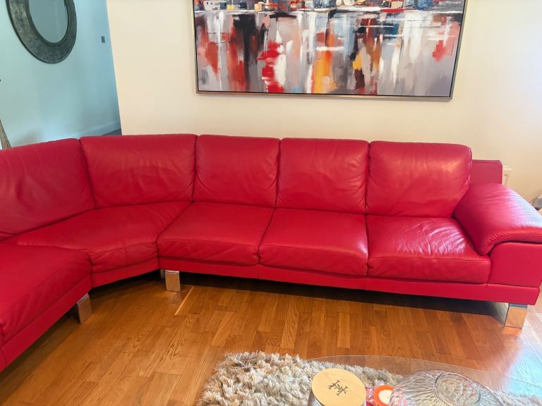Italian Large Red Leather Corner Sofa – Good Condition