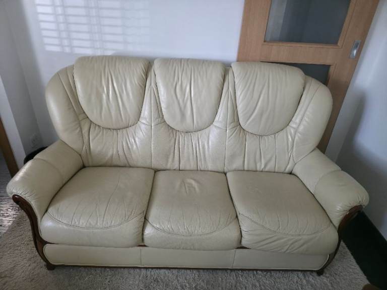 Cream Leather 5 Seater Sofa & Armchair Set