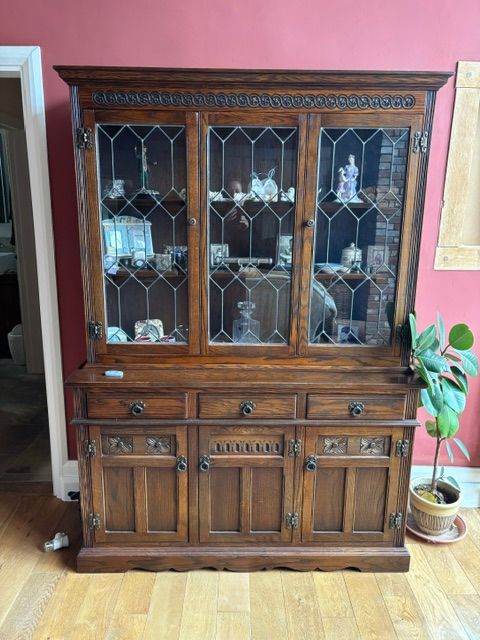 Old Charm Oak Display Cabinet Leaded Glass Welsh Dresser Style Sideboard