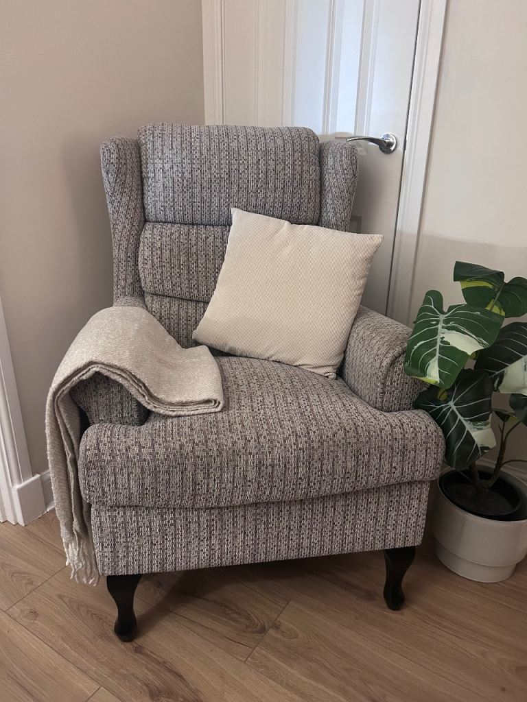Greige Fabric Armchair with Wingback Design – Good Condition