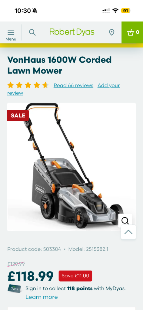 Vonhaus 1600W electric lawnmower BNIB