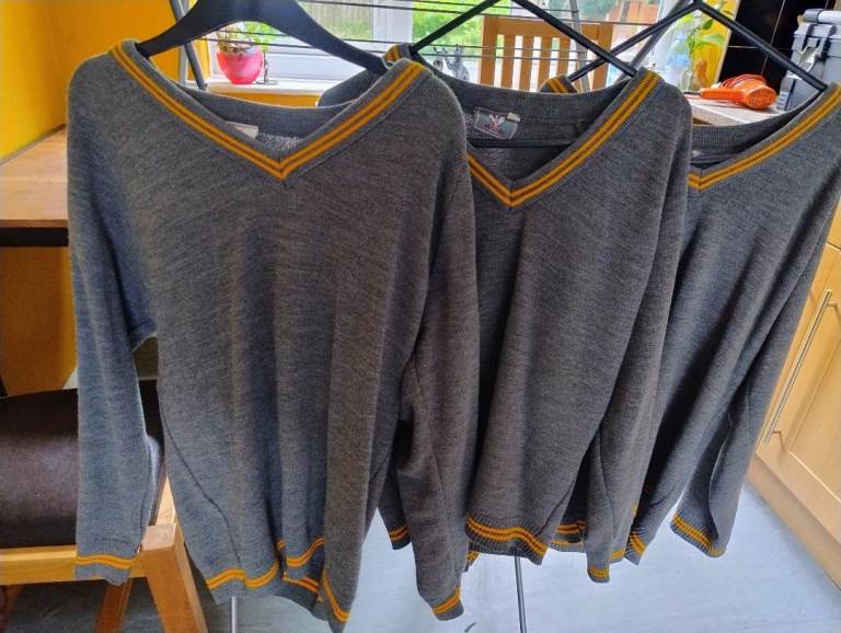  All for just 10 pounds School Uniform  MEA Jumpers (2 Pack) - Grey with Yellow Stripe