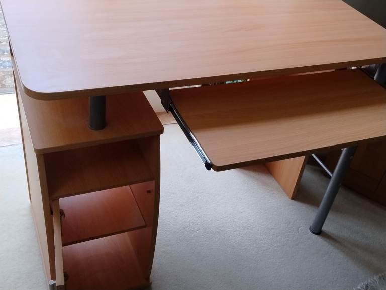 Wooden computer desk with storage and keyboard tray