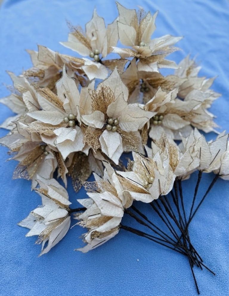 Lovely Set of 10 Artificial Poinsettia Decorations - Cream & Gold