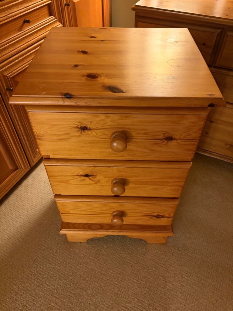 Pine Bedside Table with 3 Drawers – Good Condition