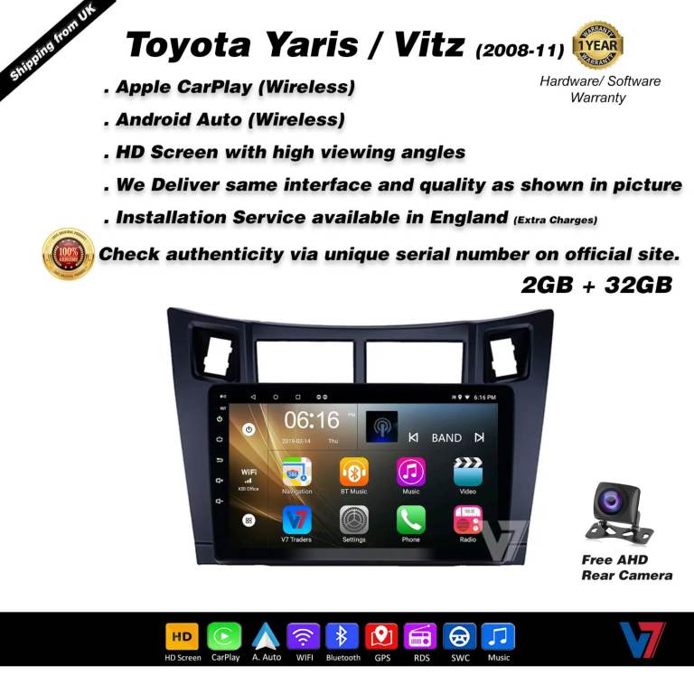 Toyota Yaris 2008-11 CARPLAY Android Auto HD Screen Head Unit GPS Stereo LCD Panel V7
