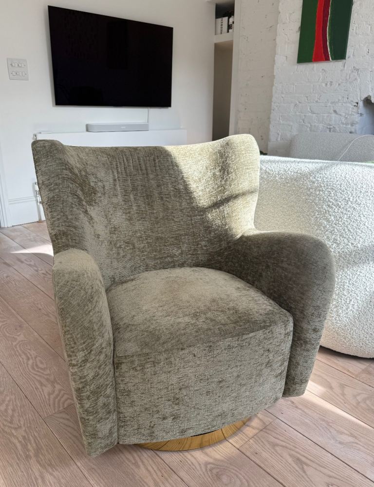 Designer Swivel Chair in Olive w/ Gold Base (As Good As New)