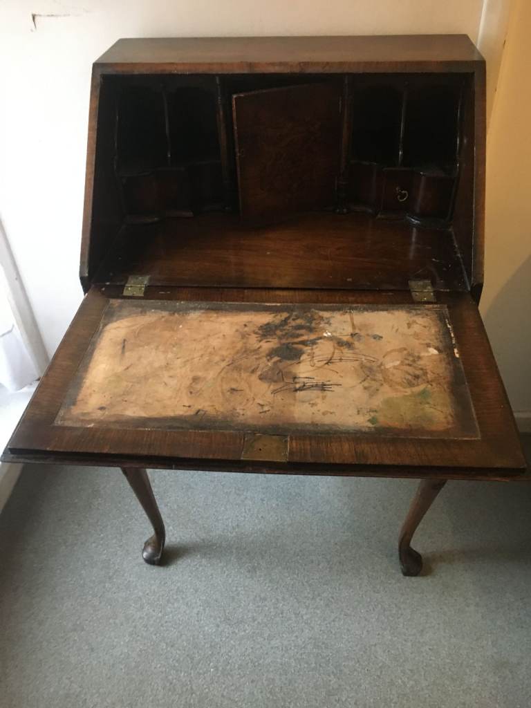 Antique Queen Anne Walnut Ladies Writing Bureau 1930's Secretaire 2 Drawers with Cabriole Supports