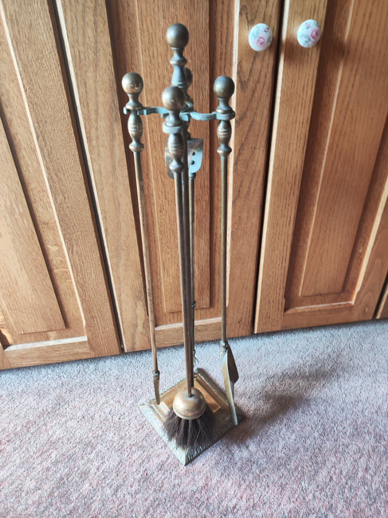 Antique/Vintage, Brass, Fireplace Companion Set (Poker, Shovel, Tongs, Brush) Inc Stand