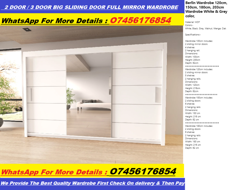 2 Fully Mirrored Sliding Doors Wardrobe With Multiple Shelves & Hanging