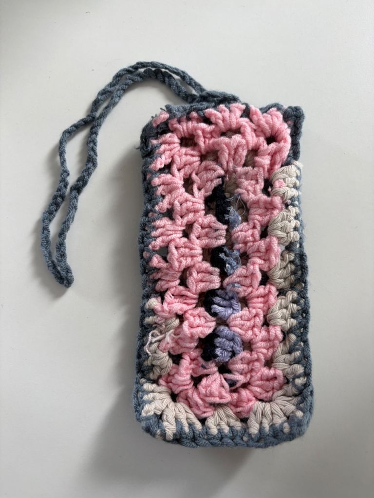 Handmade Crochet Granny Square Phone Glasses Pouch Pink Grey Bag Charm