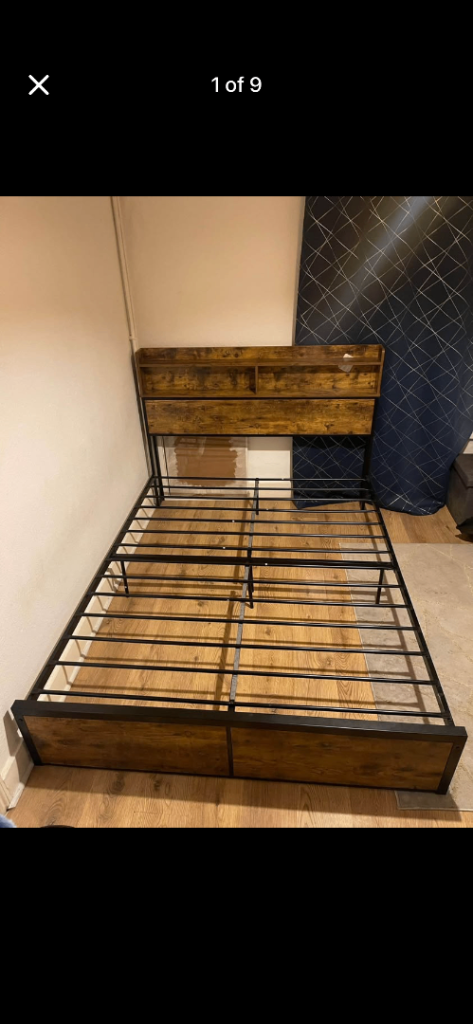 King Size Metal Bed Frame with Headboard Storage Shelf - Easy Assembly, Black Finish