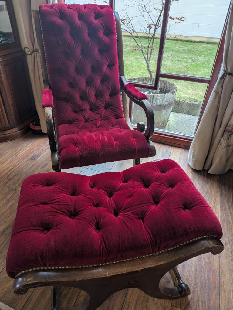 Red Velvet Tufted Chair with Matching Footstool