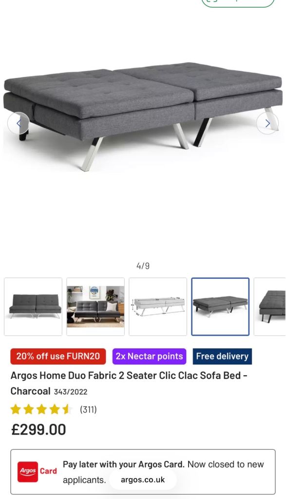Good as new - Argos Home Duo Fabric 2 Seater Clic Clac Sofa Bed - Charcoal