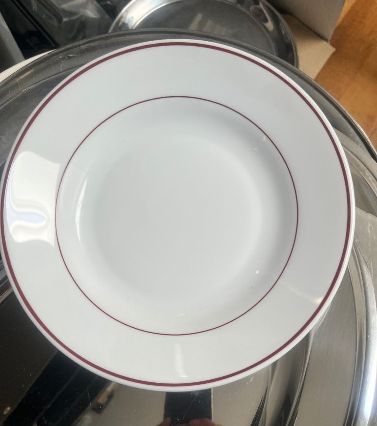 White Dinner Plates with Red Rim – Good Condition