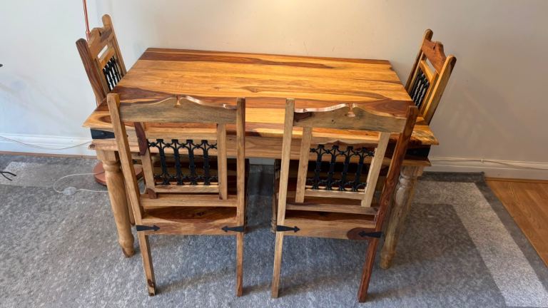 Bundle of Solid sheesham wood dining table, chairs, drum chest and Tefal iron