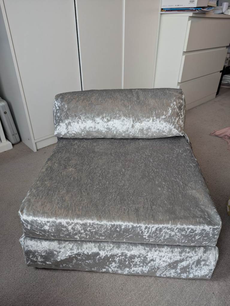 Grey Velvet Fold-Out Chair Bed – Good Condition