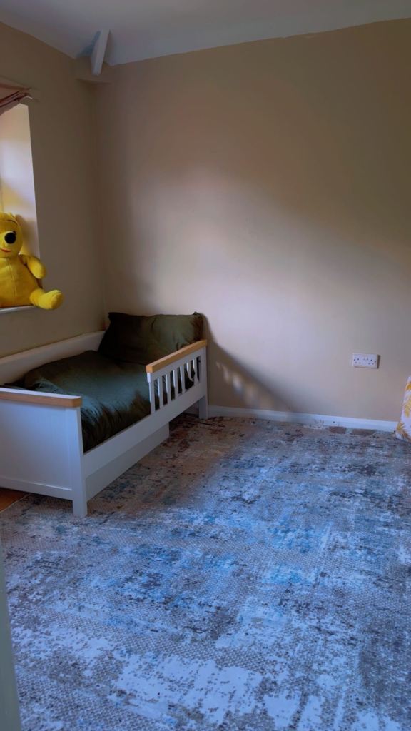 Toddler Bed with Mattress – White and Wood, Good Condition