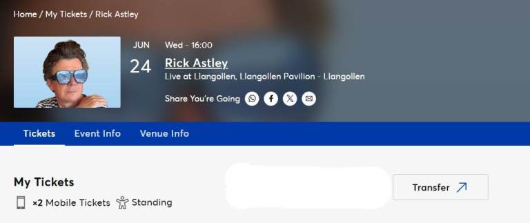 2 x Standing Rick Astley Tickets - Llangollen Pavilion - Wednesday, 26th June 2026 @ 4pm