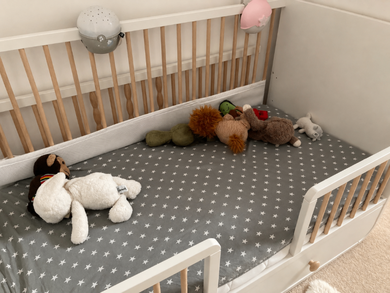 IKEA MYLLRA cot bed for baby/toddler (0-5 y/o) with drawer, white plus mattress and sheets 