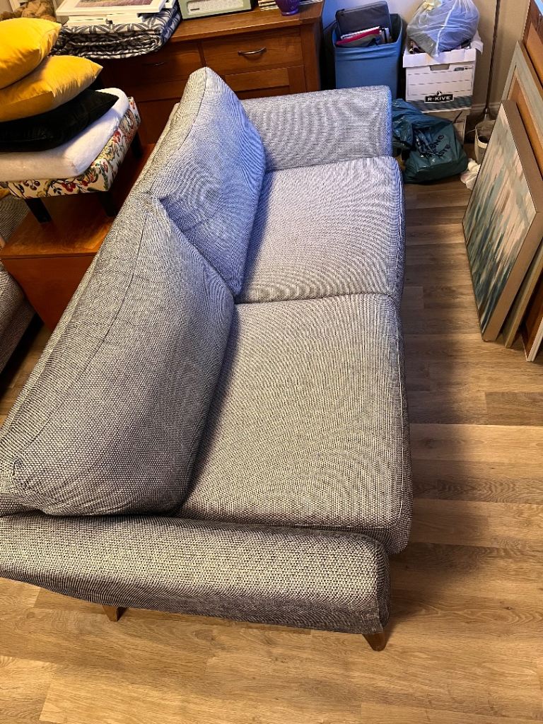 Modern 2 & 3 seater sofas for sale, grey/blue fabric. 