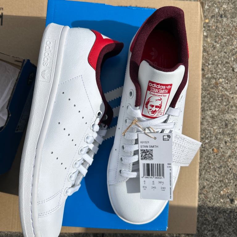 New Adidas Stan Smith Trainers - White with Red Trim, UK Size 6