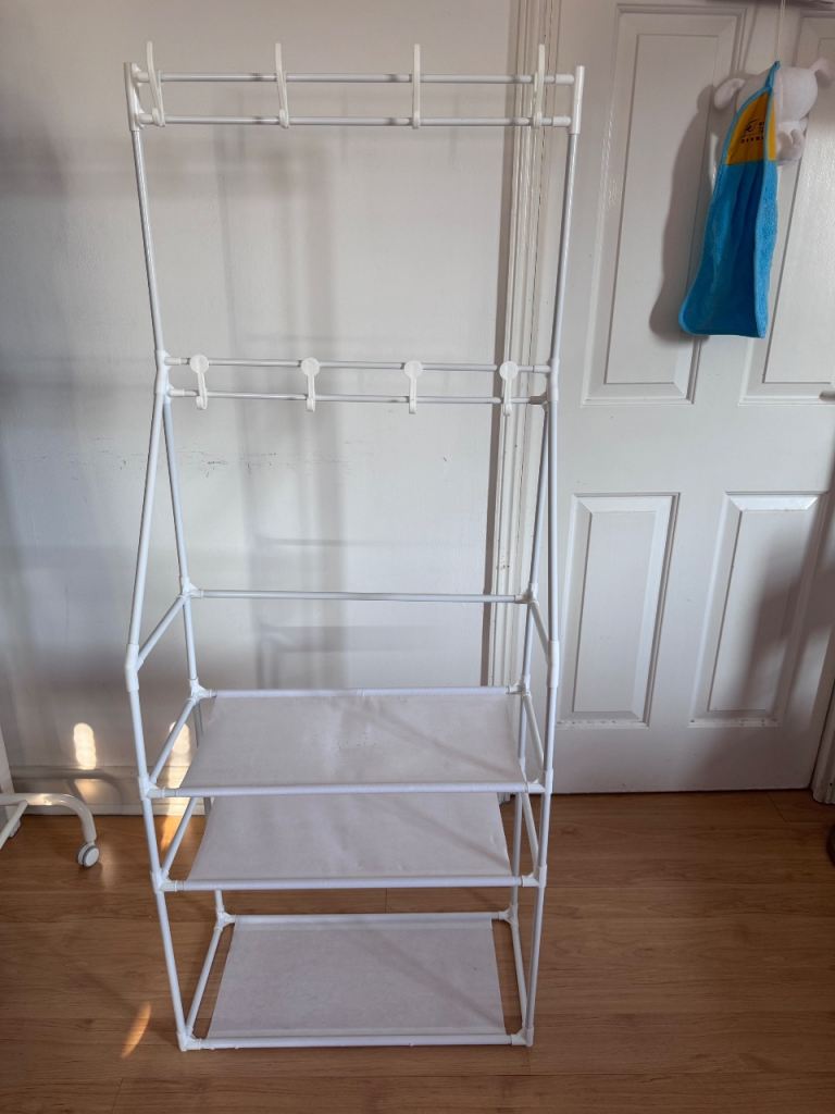 B&Q White Entryway Stand Coat Rack Coat Hanger with Shoe Storage Shelves 