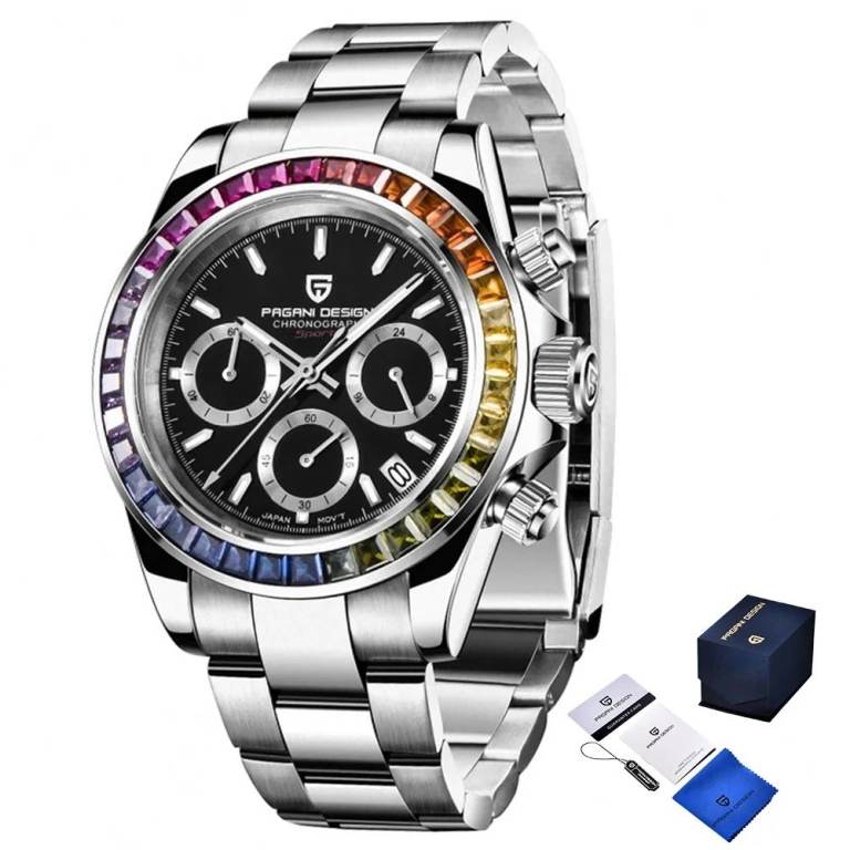 New PAGANI DESIGN Rainbow Seiko VK63 Black Chronograph Face 316L Stainless Steel Bracelet Watch
