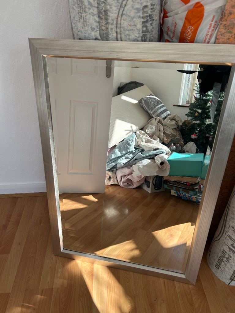 Large Silver Framed Wall Mirror – Good Condition