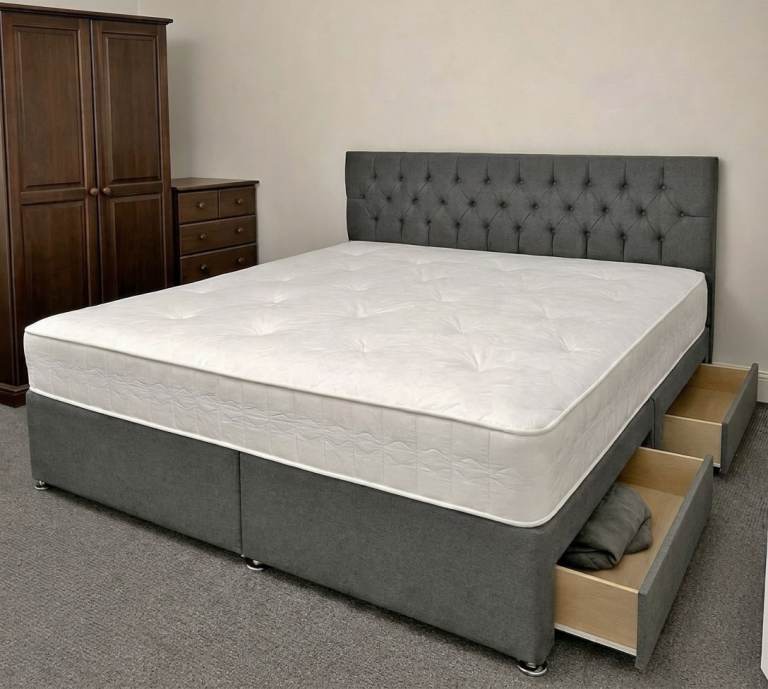 Super King Size DIVAN Bed With Headboard | Mattress & Drawers Included | Cash On Delivery 