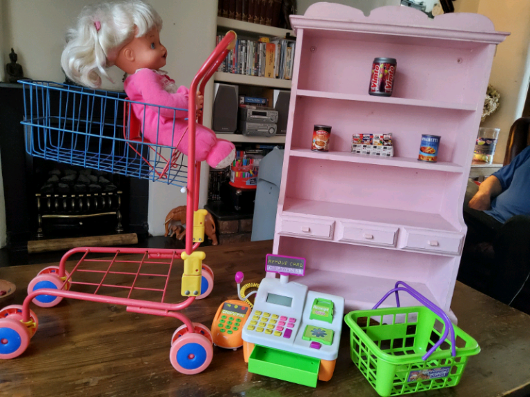 Toy Shop, Shopping Trolley with doll, Cash Register and basket + play food and scales