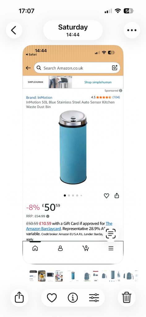 InMotion 50L Blue Stainless Steel Auto Sensor Kitchen Waste Dust Bin