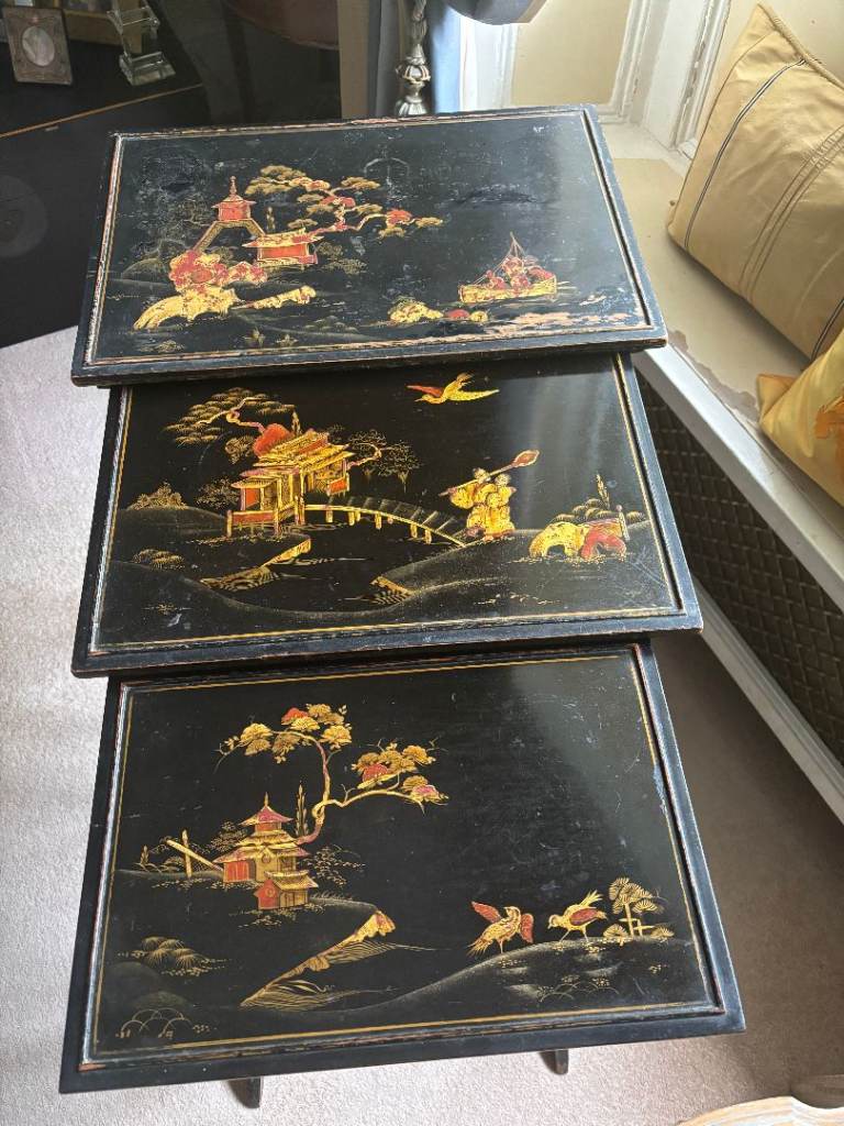 Black Wooden Nest of Tables with Gold Oriental Artwork – Fair Condition