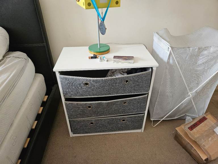 White Chest of Drawers with Grey Fabric Bins – Good Condition