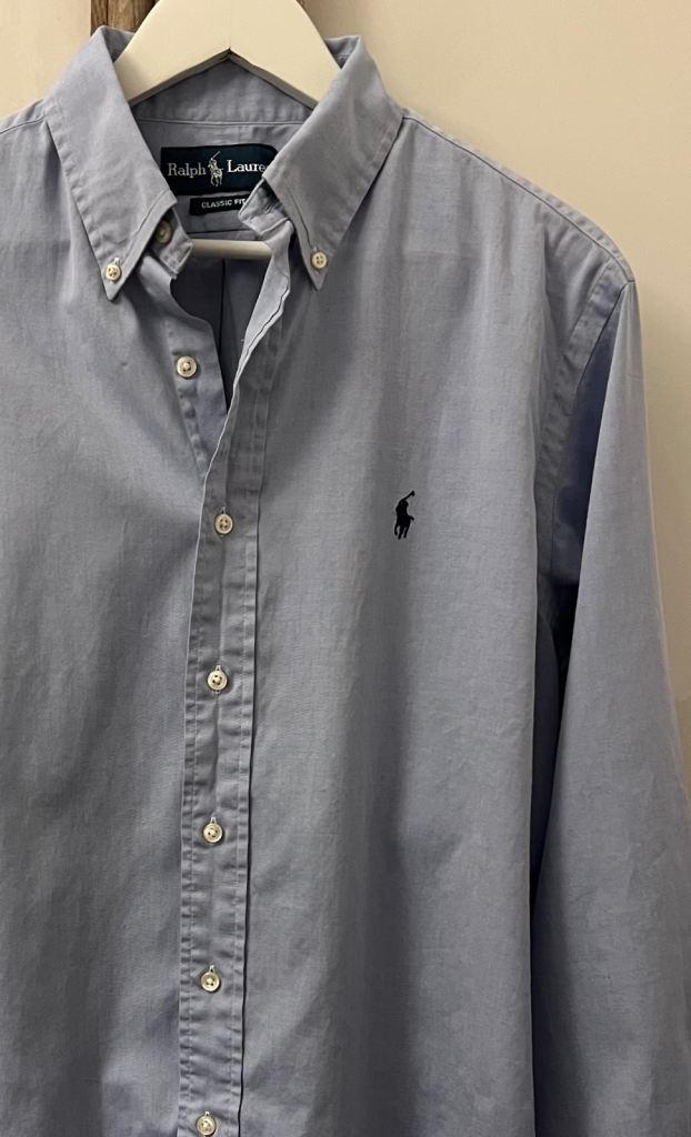 Ralph Lauren men’s light blue shirt with navy embroidered pony logo on chest