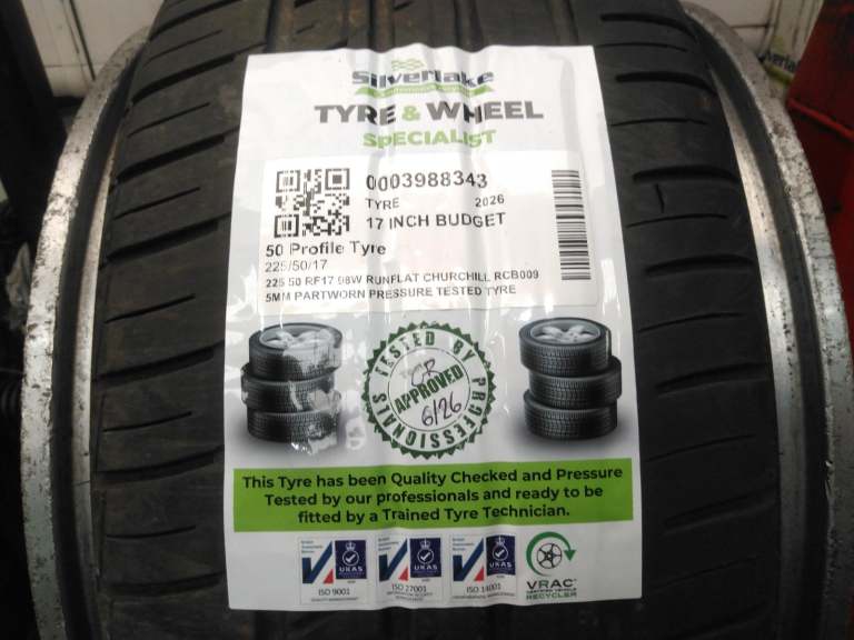 225 50 Rf17 98w Runflat Churchill Rcb009 5mm Partworn Pressure Tested Tyre