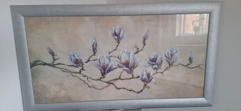 Magnolia Flower Picture in Silver Frame - Multicoloured Wall Art