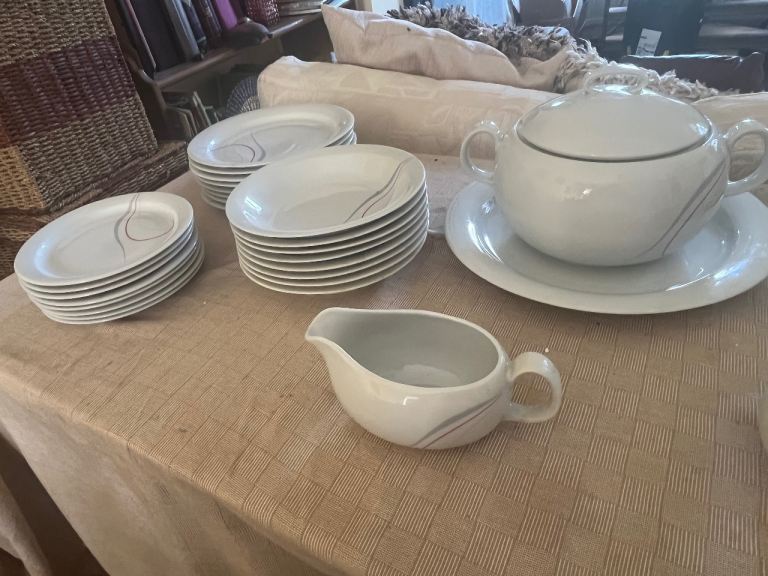 Vintage White Dinnerware Set with Grey and burgundy Swirls – Good Condition