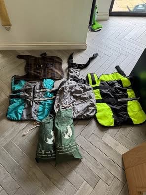 Dog Coats+towels (5 in total) good quality only used a few times - note the chequered one, is gone