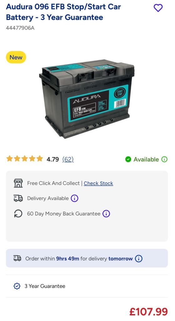 Brand new stop start car battery 