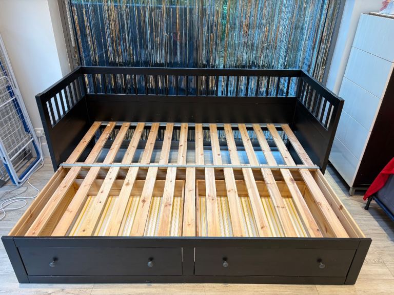 IKEA Hemnes Black Brown Wooden Day Bed with Pull-Out Second Bed and Storage Drawers