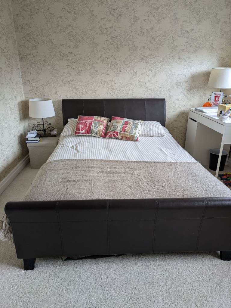 Brown Faux Leather double bed with slats