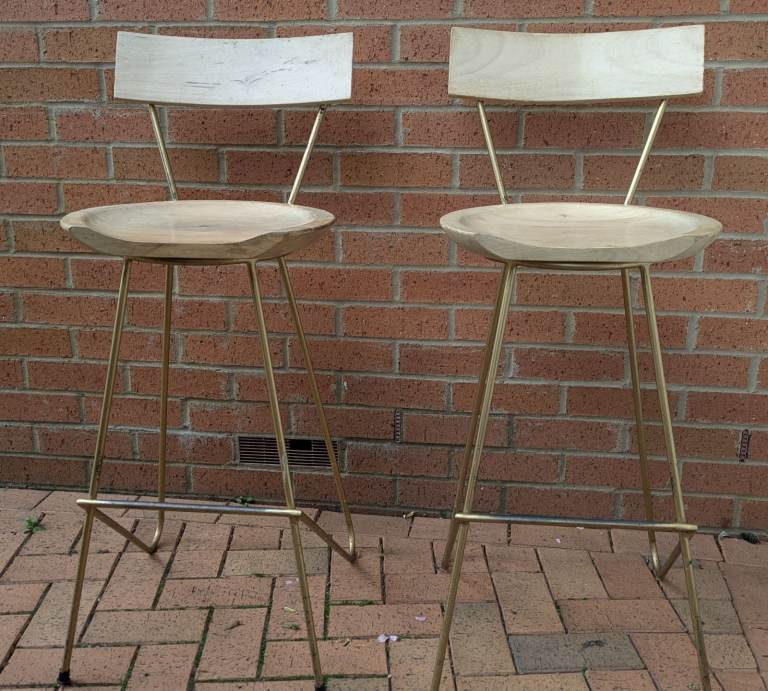 bar stools X 2, metal frame, solid wood seat and back