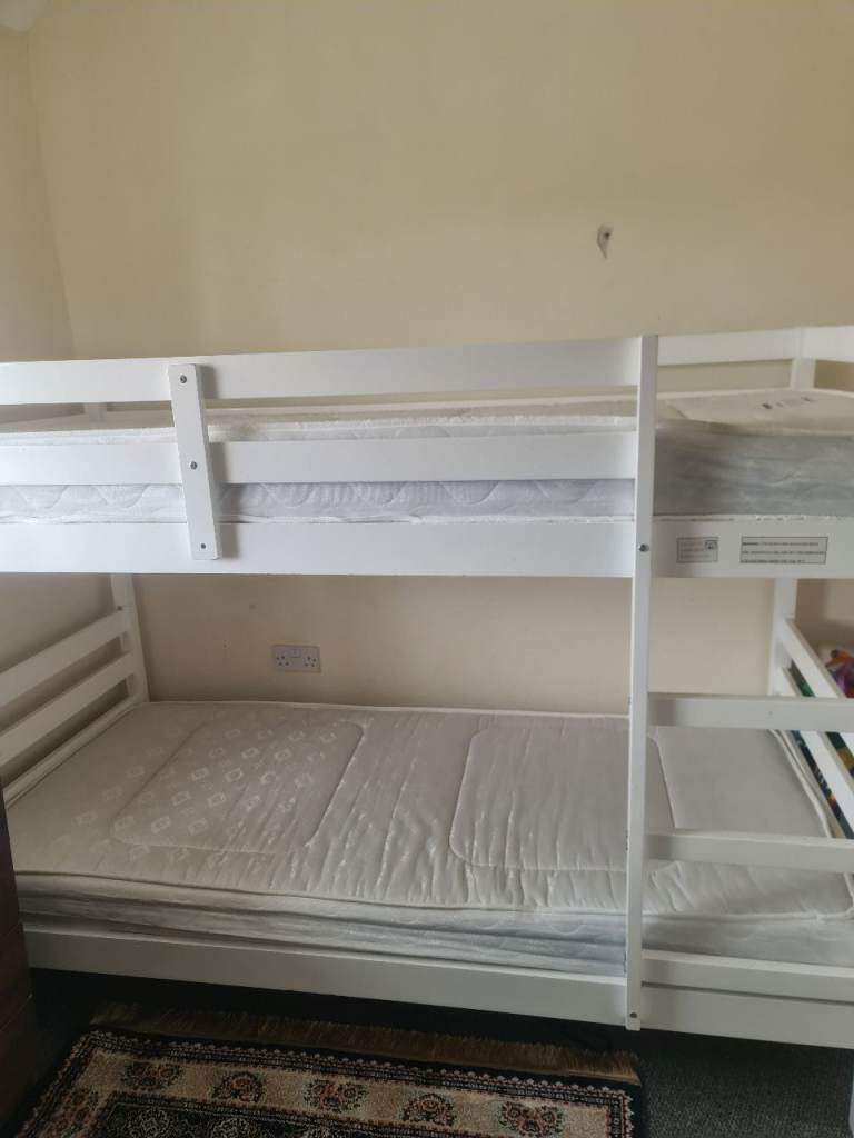 White Wooden Bunk Beds with Mattresses – Good Condition