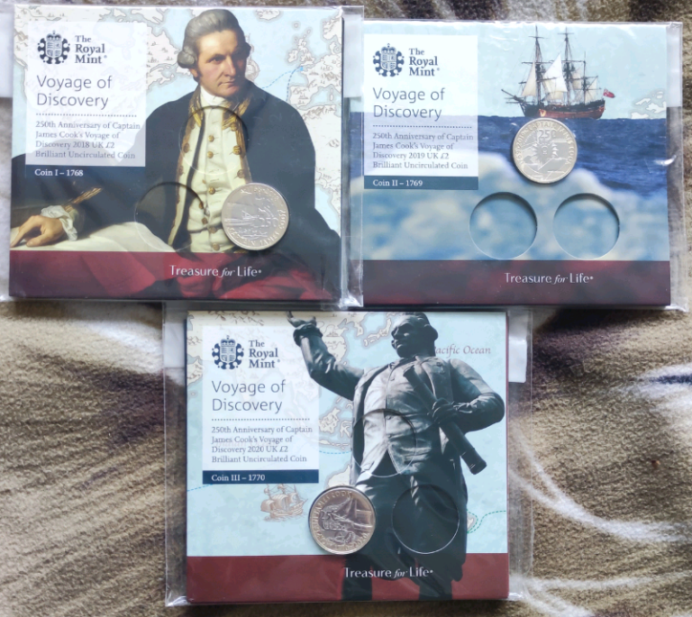 2018-19-20 Captain J. Cook 2 pound 3 coin set in RM pack, BUNC 