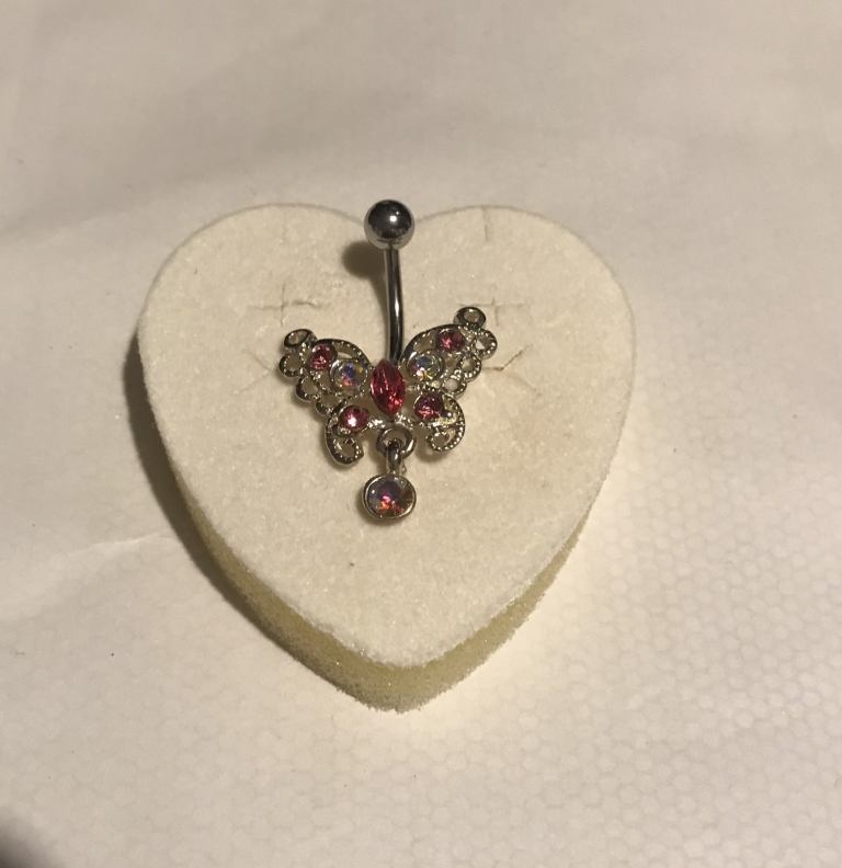 14 GAUGE SILVER and pink CRYSTAL BUTTERFLY BELLY BAR  