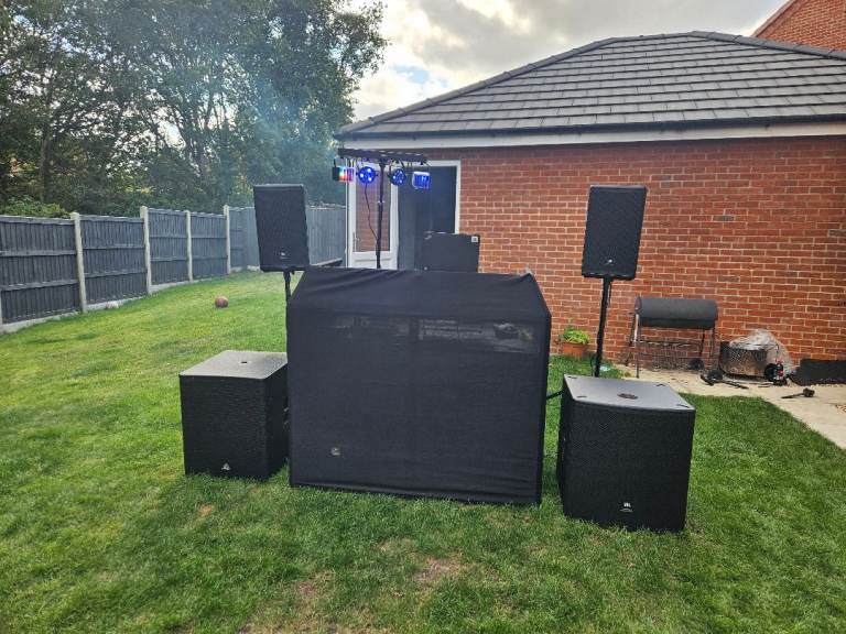 JBL DJ Speakers, Subwoofers, Mixer, and Stands – Good Condition