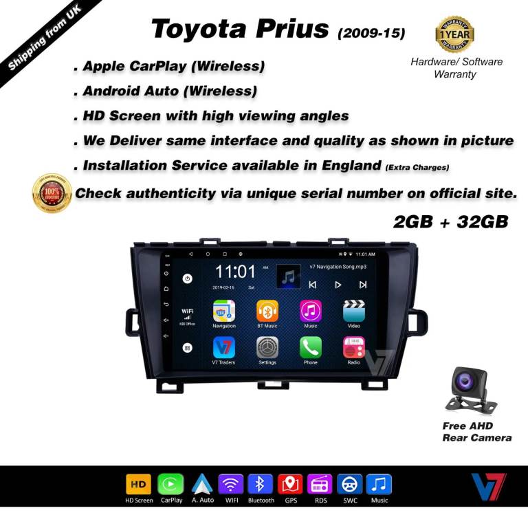 Prius 2009-15 CARPLAY Android Auto HD Screen Head Unit GPS Stereo LCD Panel V7